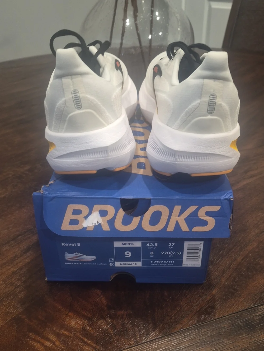 New Brooks Men's Revel 9 White Running Shoes with Yellow and Orange Accents